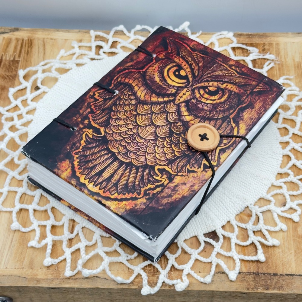 Handmade Owl Journal Brown Coptic Bound Hardcover Blank Sketchbook 8x5in Boho